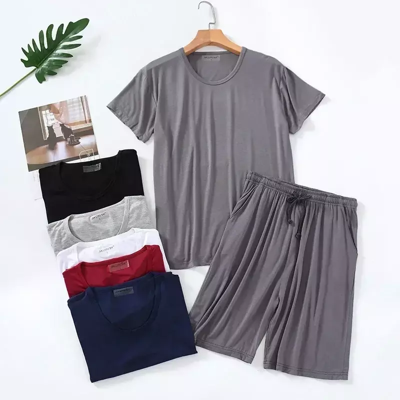 Conjunto de pijama de gola modal manga curta masculino, casual para casa, shorts redondos finos, plus size, roupa diária, verão