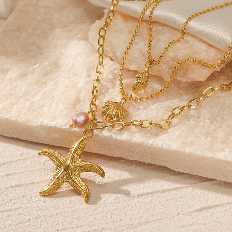 Kalung liontin bintang laut mutiara tiga lapis, Aksesori hadiah perhiasan pantai musim panas wanita Stainless Steel cangkang Retro