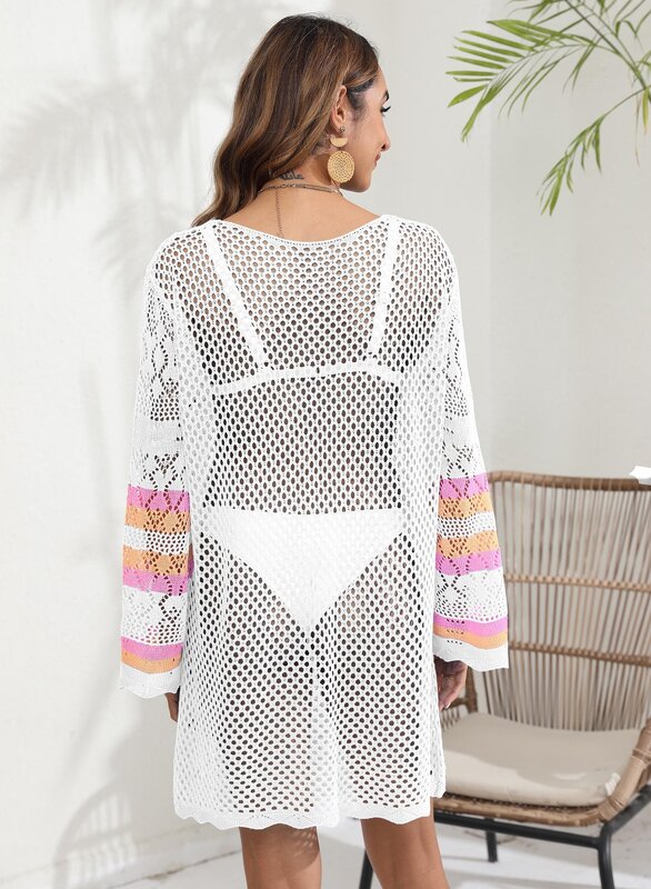 Vestido playero tejido con costuras de color contrastante para mujer, top de bikini para vacaciones en la playa, nuevo estilo 2024