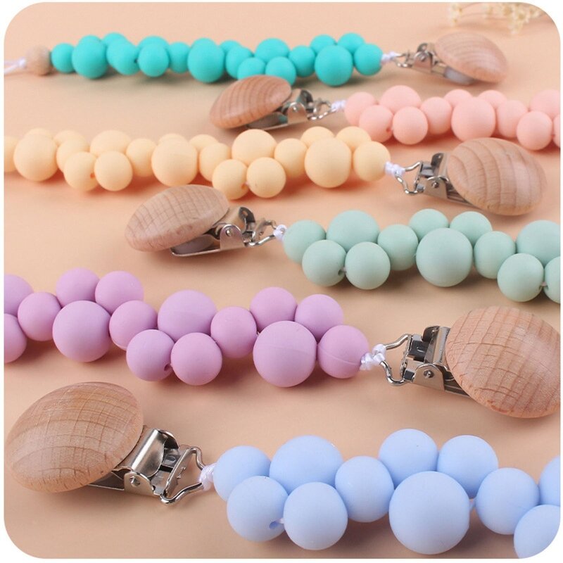 Baby Pacifier Chain Clip Nursing Soother Holder Silicone Beads Teether Beech Wooden Clip DIY Dummy Nipple Holder Leash G99C