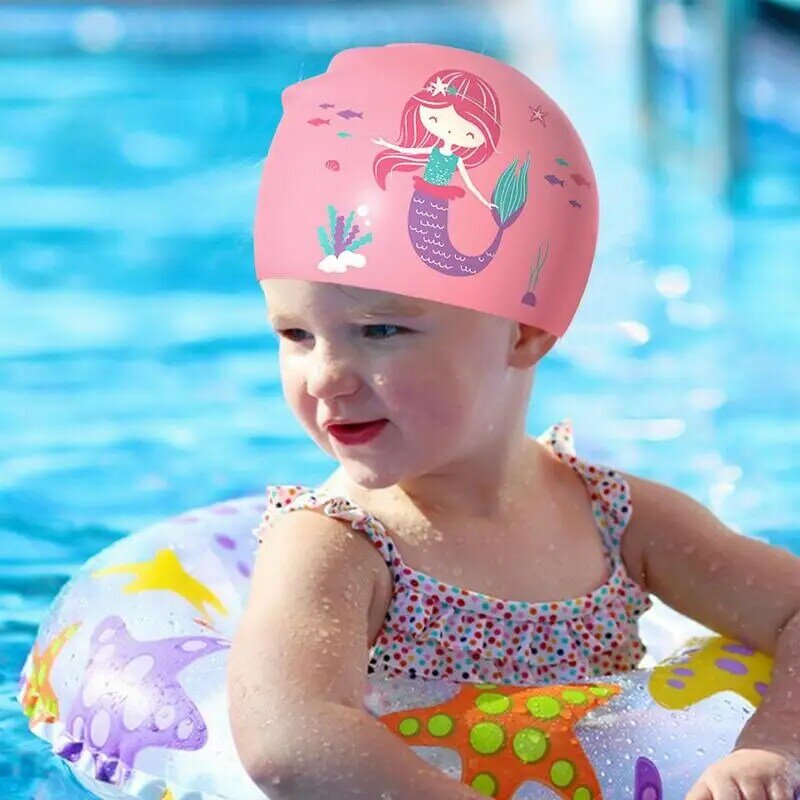 Boné de tecido elástico para crianças, Desenhos animados bonitos para cabelos longos, Crianças adoráveis protegem os ouvidos, Chapéu de piscina para meninos e meninas
