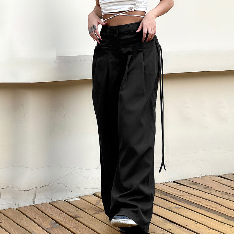 2024 Spring/Summer New European and American Trendy Fashion Retro Street Loose Low Waist Solid Color Woven Pants