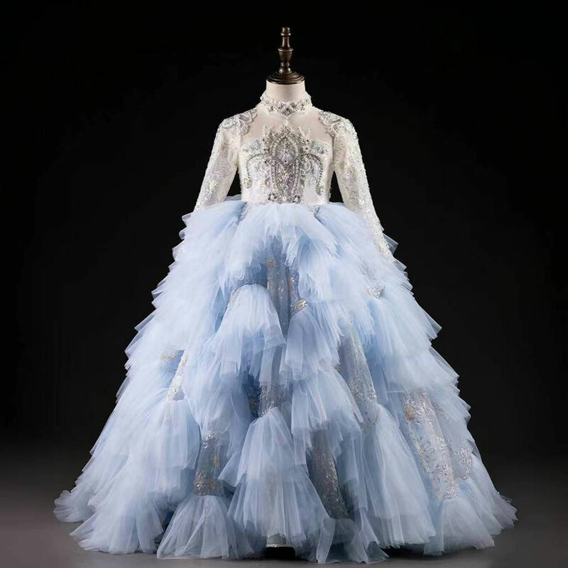 Jill Wunsch Luxus blau Dubai Mädchen Kleid Perlen Perlen arabische Prinzessin Kinder Hochzeit Geburtstags feier langes Ballkleid 2024 j381