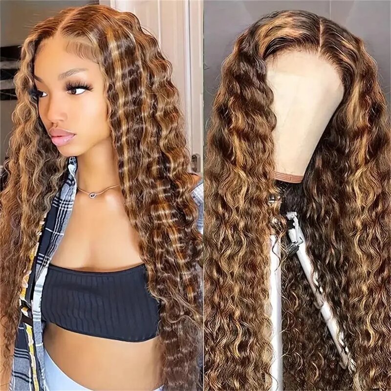 Highlight Wig Human Hair 13x6 13x4 Honey Blonde Water Wave Lace Front Wigs For Women Human Hair 30 Inch Deep Wave Frontal Wig ﻿