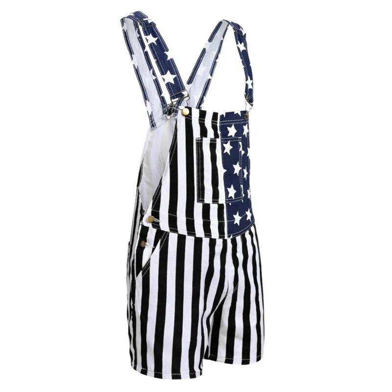 Unisex American Independence Day Pants Romper Summer American Flag Print Denim Overalls Suspender Shorts for Men Women
