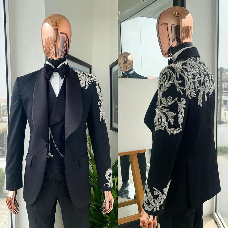 New Fashion Men's Suits Appliques One Button Tuxedos Shawl Lapel For Wedding Groom Wear 3 Pcs Coat Pants With Vest Custom Made