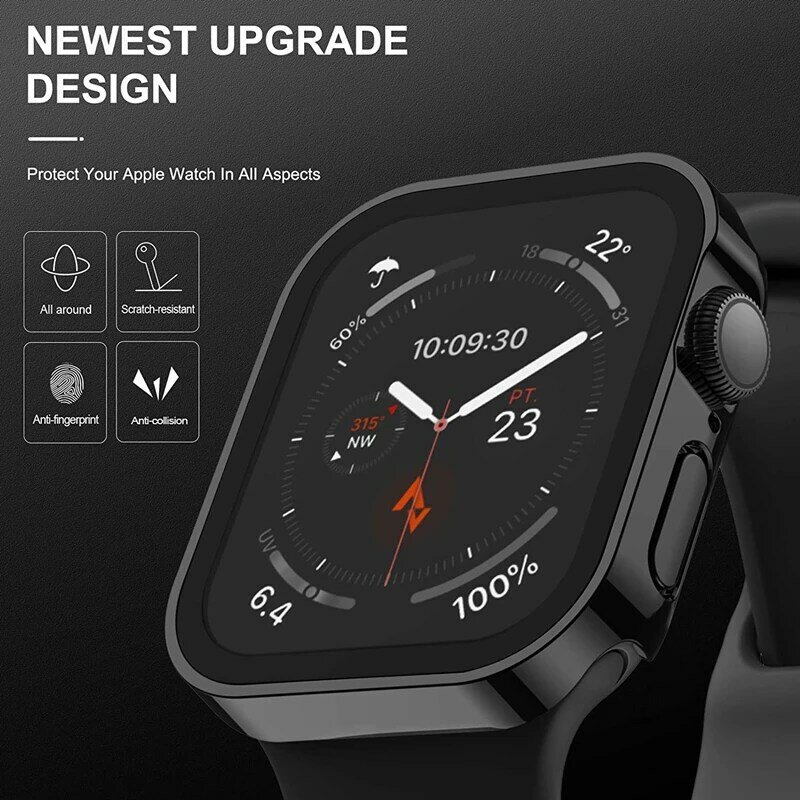 Glass+Case For Apple Watch 7 8 45mm 41mm 49mm 44mm 40mm straight edge Screen Protector Cover Case iWatch 5 SE 6 7 8 9 Ultra 49mm