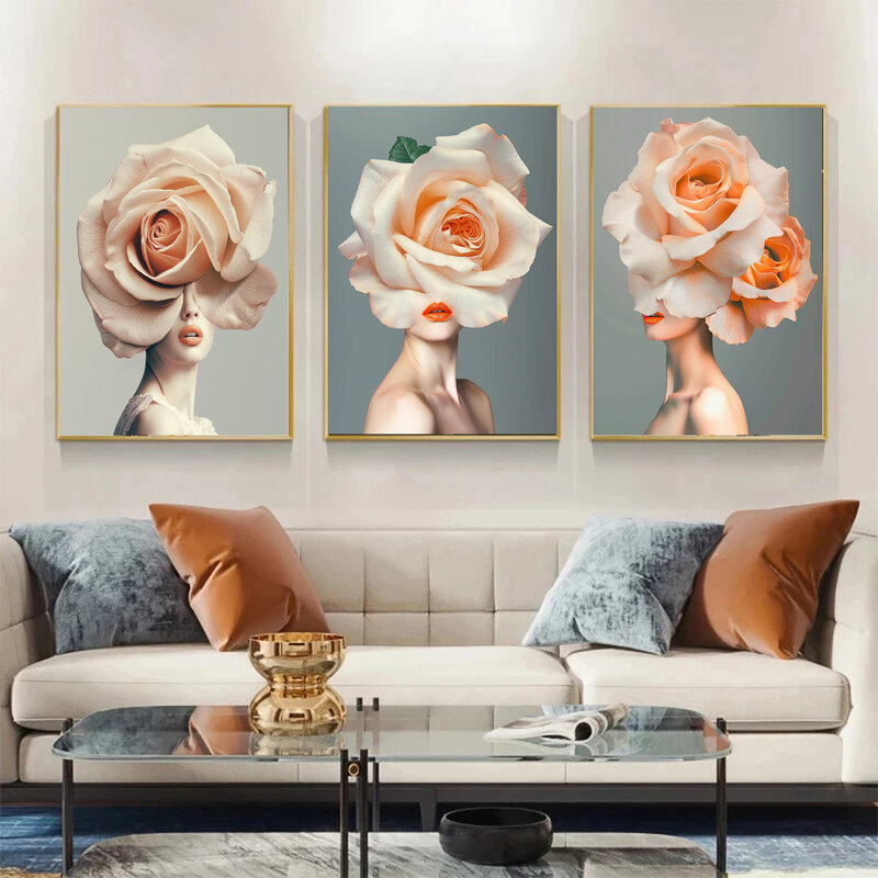 DIY Hand Painting by Numbers Kit Woman With Champagne Roses On Her Head Landscape Oil Painting Canva Art Gift Home Decoration
