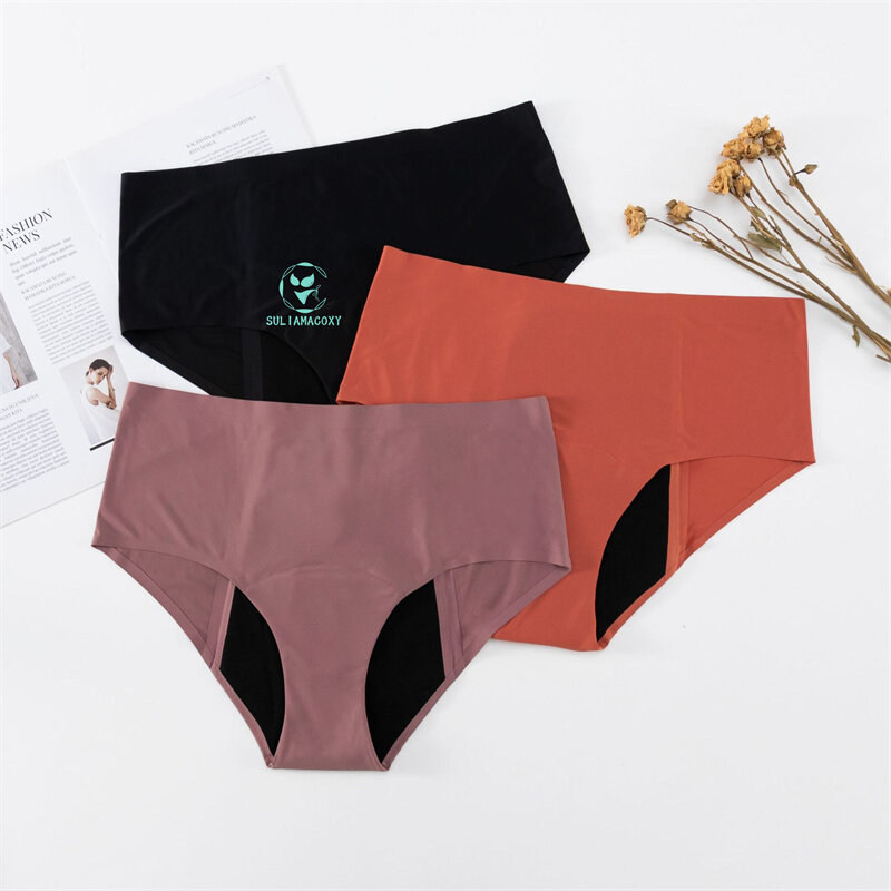 Calcinha menstrual de cintura alta sem marcação, calças do período de vazamento, guardanapo sanitário gratuito, lavável, tamanho grande