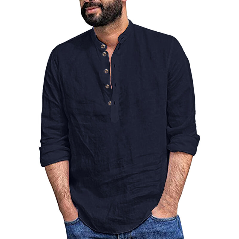 Camisa informal de manga larga con botones para hombre, Blusa de algodón, camisas de Fitness, Tops holgados con cuello en V Henley Vintage, otoño