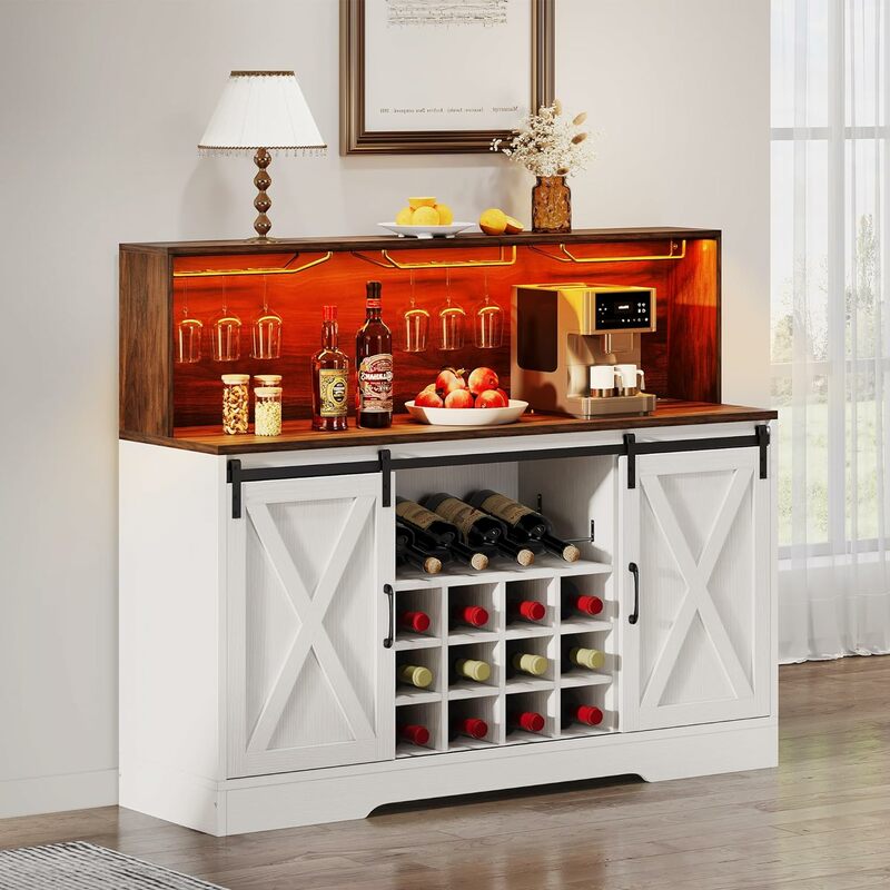 Armoire de rangement pour café-bar, bois blanc, lumières LED, verre à vin T1, assemblage de bar à la maison de ferme, console moderne de 55 po