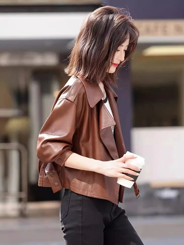 New Women Spring Autumn Leather Jacket Fashion Turn-down Collar Loose Short Sheepskin Jacket Casual Streetwear Split Leather