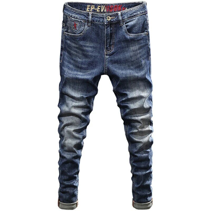 Celana Jeans pria trendi Vintage biru elastis Slim Fit bordir desainer celana panjang pria celana Denim kasual Hombre