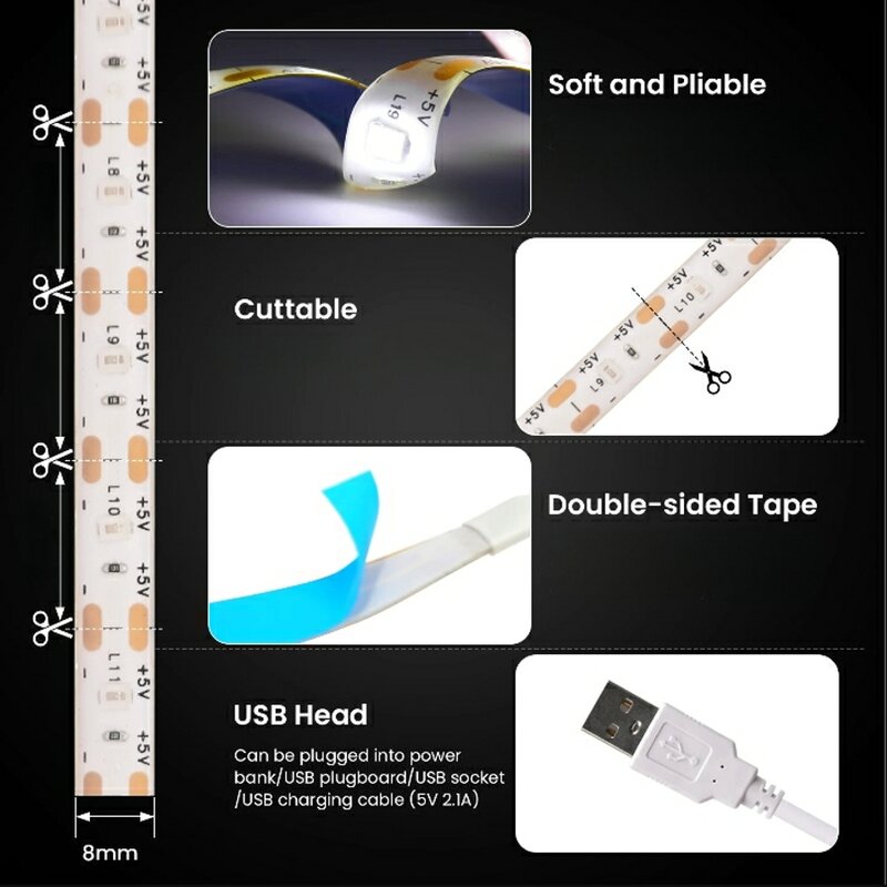 5V USB LED Strip Light with Switch Decoration Waterproof Tape for House Room Backlight 1M 2M 3M 5M Ribbon