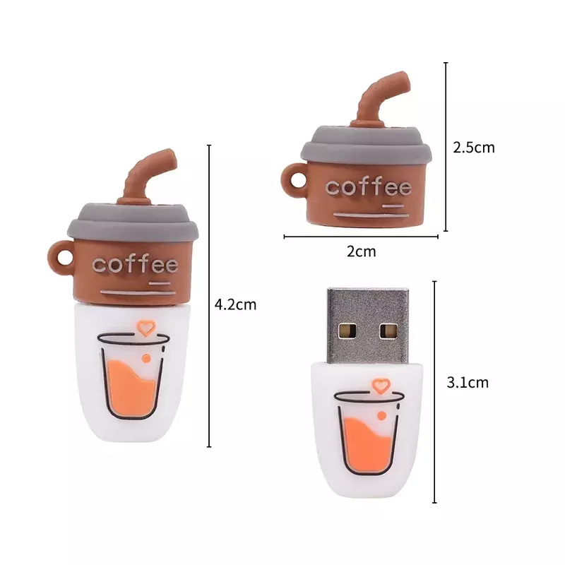 جاستر-كوب قهوة كارتون USB فلاش حملة للأطفال ، محرك أقراص يو صغير ، حملة القلم ، هدايا للأطفال ، 128GB ، 64GB ، 32GB ، 16GB ، 8GB ، 4GB ، براون