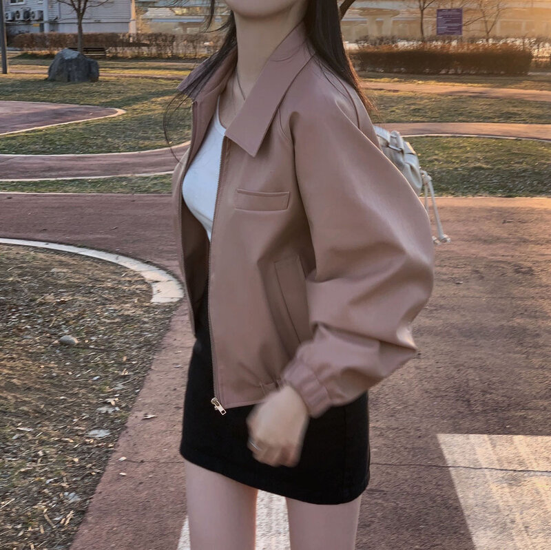 المرأة شيك بولي Leather سترة جلدية ربيع الخريف الشارع الشهير كم طويل فضفاض زيبر فو الجلود أبلى