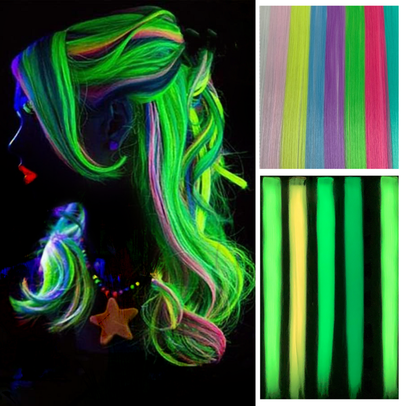 Glow in the Dark Extensões de Cabelo Clip, Hairpieces Luminosos Coloridos, Grampos De Cabelo Arco-íris Festa, Peruca Reta Sintética, 20 ", 5 Pcs