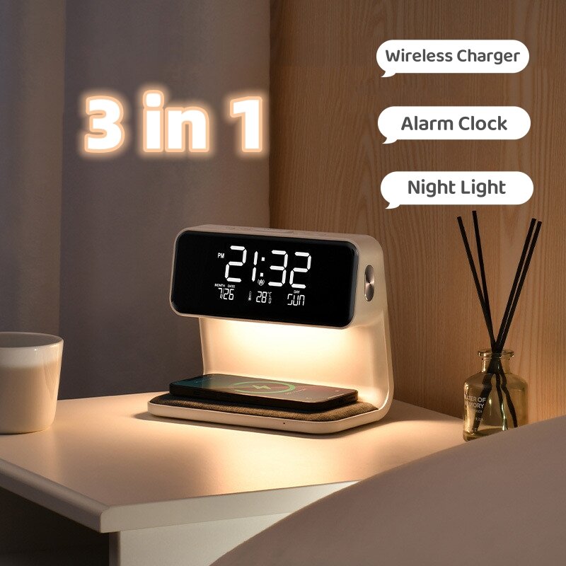 Lampu samping tempat tidur nirkabel 3 dalam 1, lampu Alarm layar LCD pengisian daya nirkabel untuk Iphone, lampu jam Alarm pintar