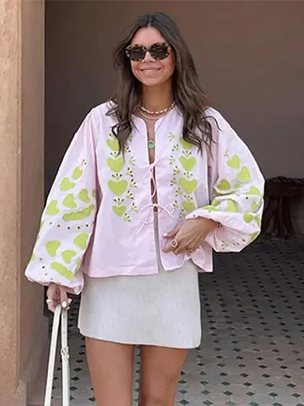 Женская Повседневная рубашка на шнуровке, свободная блузка с круглым вырезом и рукавами-фонариками, модная уличная одежда для весны и лета, 2024