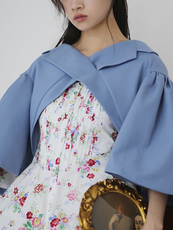 Kbq Folds Bloemenprint Blazer Voor Dames Revers Vlinder Mouw Hit Color Losse Casual Blazers Dames Mode Kleding Nieuw