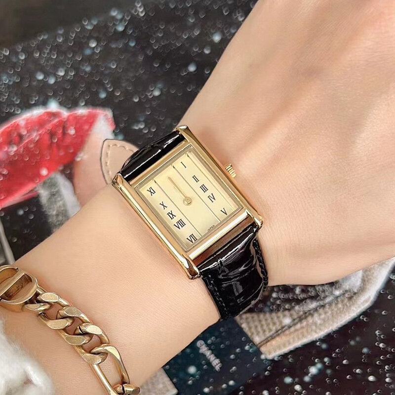 Elegant Cow Leather Band Womens Square Watch Golden Dial Plate Watch