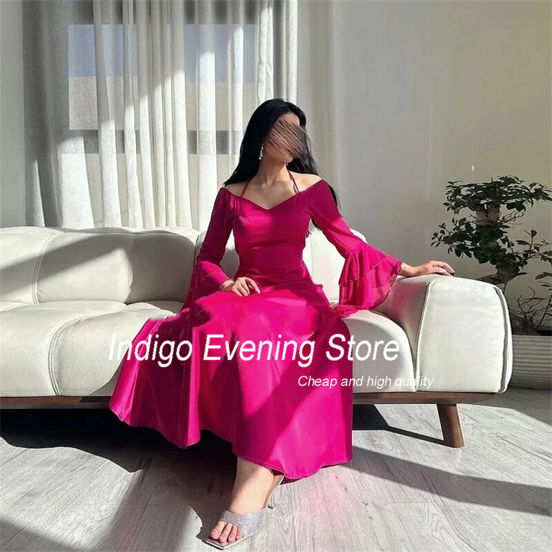Indigo Prom Dress V-Neck Long Trumpet Sleeve Halter Ankle-Length Chiffon Elegant Evening Gowns For Women Sweep Train  فساتين الس
