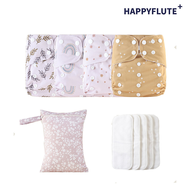 HappyFlute ekskluzywne 4 PCS, nadające się do prania i wielokrotnego użytku, ekologiczne pieluchy dla niemowląt + 1 szt. Wodoodporna torba