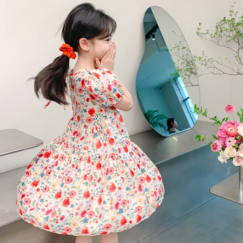 Детское летнее Пышное Платье для девочек, милое платье принцессы в Корейском стиле с оборками, красивое платье для девочек в стиле курорта