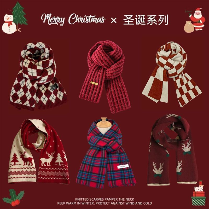 New Year Christmas Gift Red Scarf for Men and Women Winter Knitted Woolen Warm Korean Checkered Scarf Versatile Free Shipping