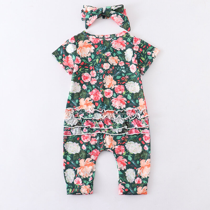 Toddler Summer Baby Girls 2Pcs Zipper Jumpsuit Newborn Infant Floral Short Sleeve Fashion Lovely Style Party Wear Baby Outfits