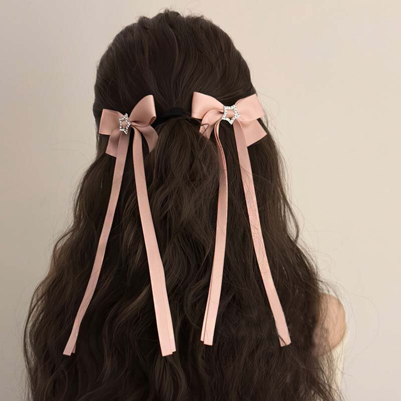 Jepit rambut pita kupu-kupu Kristal beludru merah muda Vintage bando jepit rambut pita panjang untuk wanita gadis aksesori rambut perhiasan pernikahan