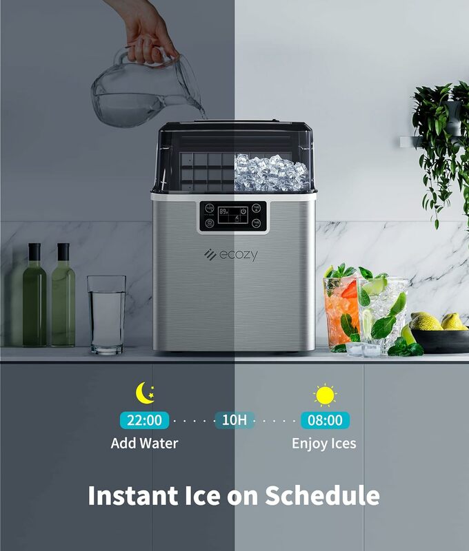 ecozy Countertop Ice Makers, 45lbs Per Day, 24 Cubes Ready in 13 Mins, Stainless Steel Housing, Auto Self-Cleaning Ice Maker