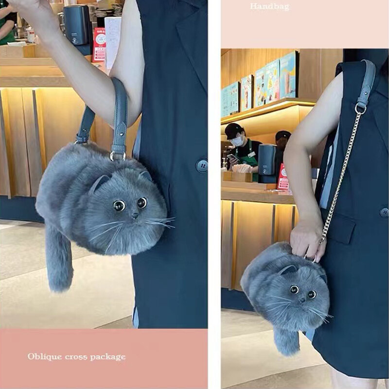 Bolsa mensageiro gato cinza para mulheres, bolsa transversal versátil, pequena e fofa, design elegante, outono e inverno