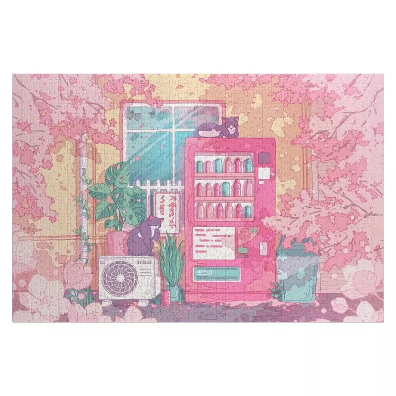 길고양이, 구부러진 기계, 핑크 벚꽃 직소 퍼즐, 맞춤형 사진 디오라마 액세서리