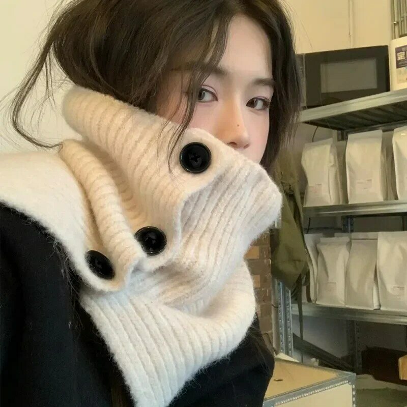 Nieuwe Winter Warme Sjaal Ins Trendy Effen Kleur Knoop Sjaals Voor Vrouwen Meisjes Koreaanse Effen Kleur Gebreide Knoop Nep Kraag Sjaal