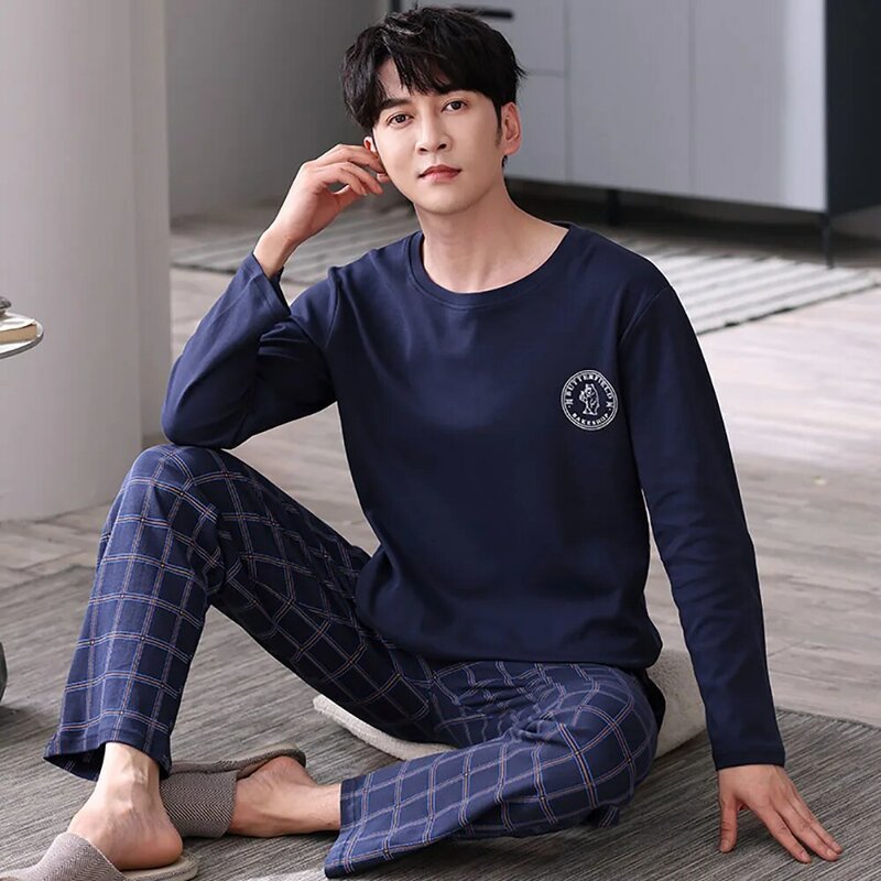 2023 primavera verão casual o pescoço sleepwear moda xadrez calças conjuntos de pijama de algodão confortável pijama para homem hombre 4xl
