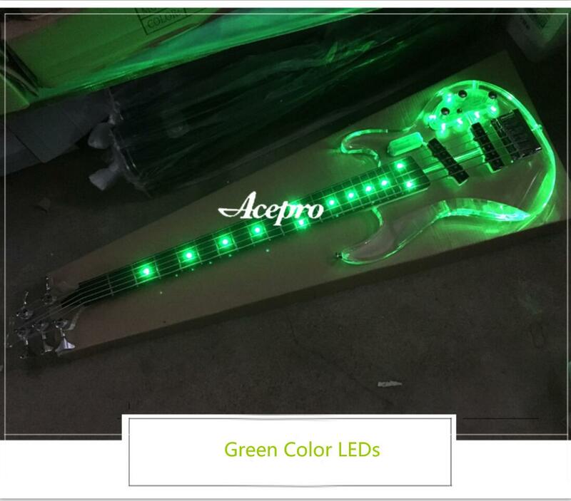 جيتار كهربائي باس مع أضواء LED خضراء ، 4 سلاسل ، الاكريليك واضحة ، الجسم الكريستال ، الرقبة القيقب ، شحن مجاني