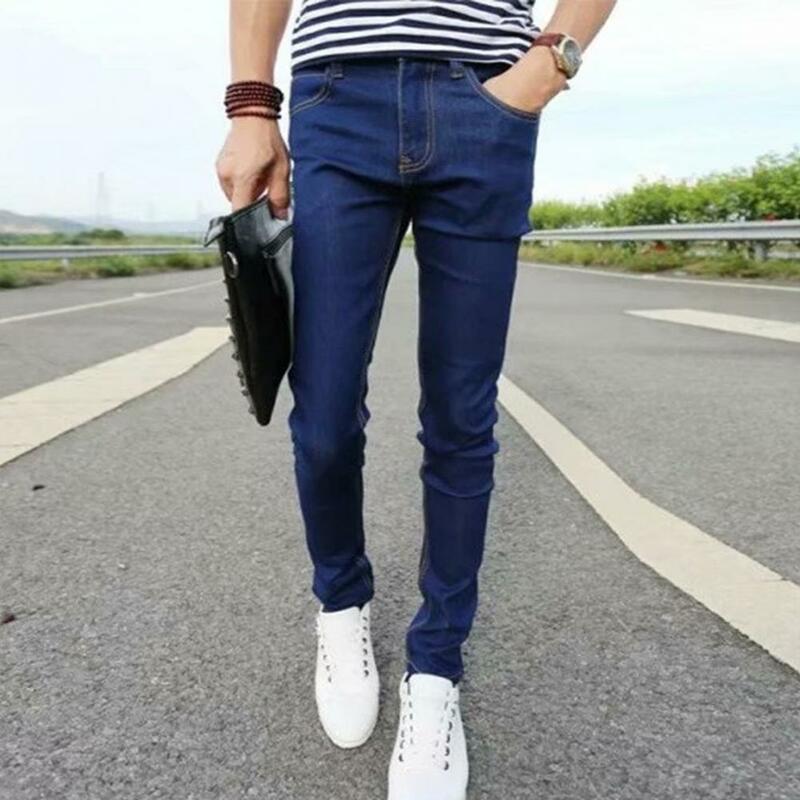 Calças jeans simples masculinas, skin-touch, meados de ascensão, corte 3D, slim fit, jeans comprido, vestir-se