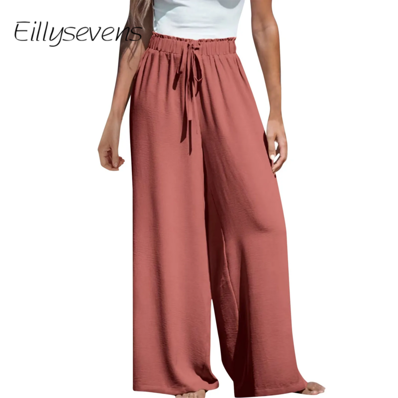Pantalones informales de pierna ancha para mujer, pantalón largo elegante de Color liso, con cordón, 2024