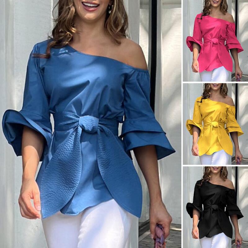 Taille enge Oberteile elegante Schnür-Taille Damen Sommer bluse mit Schräg kragen ausgestellten halben Ärmel stilvoll solide für Streetwear