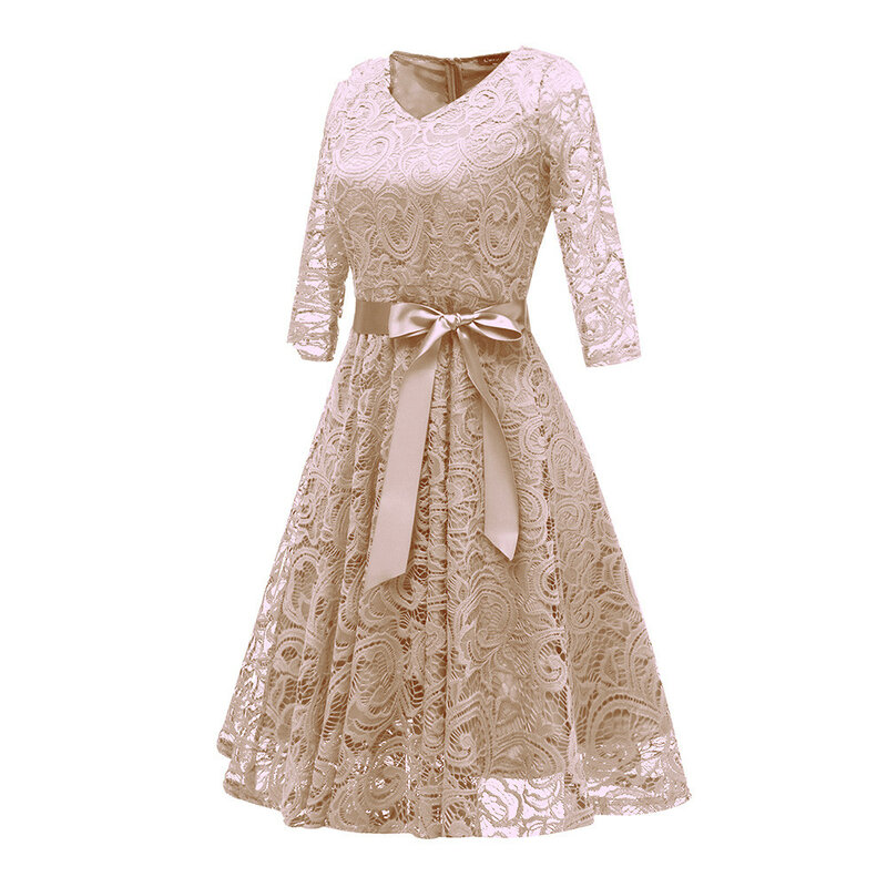Gaun pesta malam renda elegan baru 2024 gaun Lengan 3/4 leher-v wanita Vintage gaun Midi ayunan besar gaun panjang Halloween