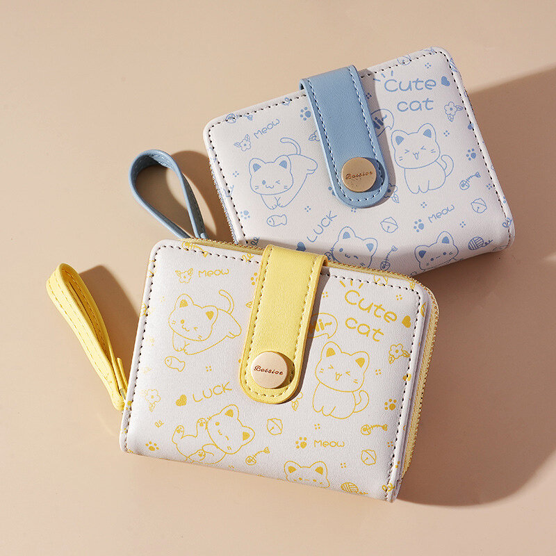 Japanese Cute Cat Girls Wallet Short Student Id/Bank Card Holder Money Bag Zipper Wallets For Women Key Storage Purse