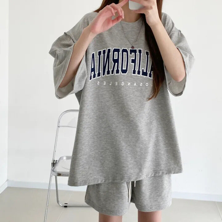Letnie szorty i koszulki damskie Koreańska moda 2-częściowe zestawy Luźny bawełniany kombinezon z nadrukiem Ponadgabarytowy dres damski 2024