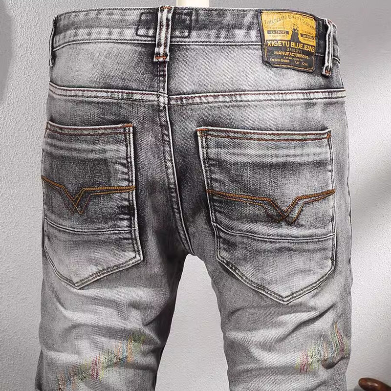 Pantalones vaqueros rasgados para Hombre, Jeans de diseñador de moda, alta calidad, Retro, negro, gris, elásticos, ajustados, bordados, Vintage