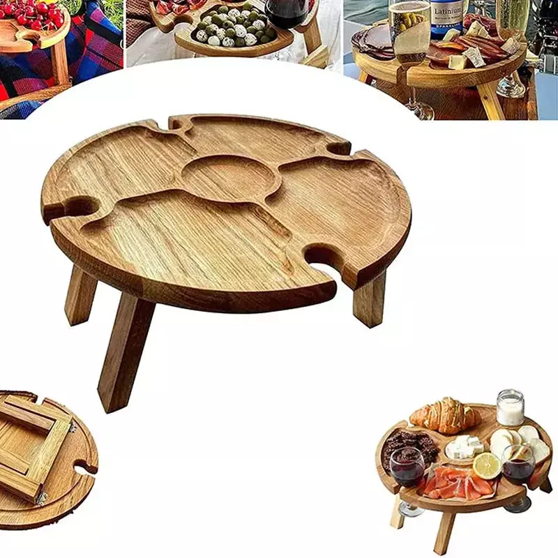 유리 홀더가 있는 나무 야외 접이식 피크닉 테이블, 원형 접이식 책상, 와인 유리 랙, 정원 파티용 접이식 테이블