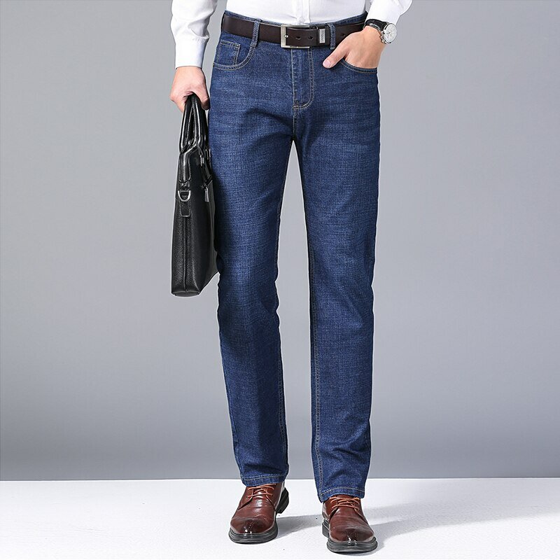 Celana Jin klasik untuk pria, celana Jin klasik, celana panjang pria Mannen, celana Denim lembut warna hitam, celana terusan Denim ukuran 32-38 untuk pria