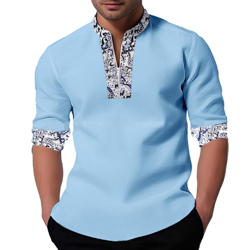 Blusa de manga larga con solapa para hombre, jersey con cremallera, cuello Henry en contraste, holgado, talla grande, informal, a la moda