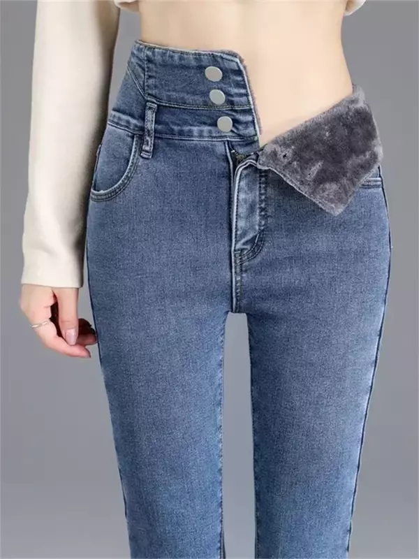 Jeans taille haute en denim sarouel pour femmes, pantalons chauds, streetwear, mode coréenne, automne, hiver, sourire, Z109, 2024