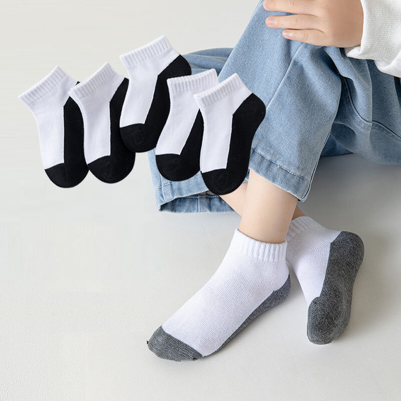 5 пар/партия, новинка 2023 года, летние детские носки хлопковые модные черно-белые и серые носки для От 1 до 12 лет, детские носки для мальчиков и девочек-подростков