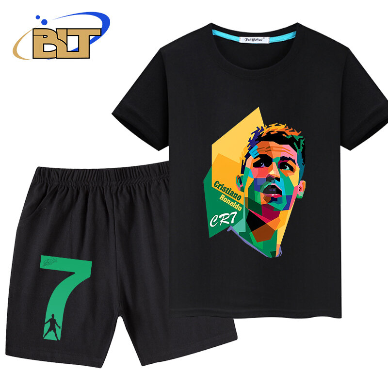 Ronaldo baju anak-anak musim panas, setelan kaos lengan pendek celana pendek 2 potong cocok untuk anak laki-laki